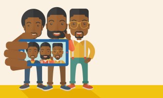 Three happy black men taking a selfie using smartphone. Photo co