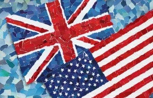 US and UK national flags made from many pieces of torn paper on